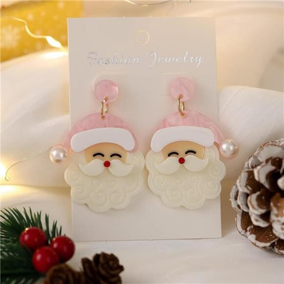 Pink Santa Claus Dangle Earrings Christmas Accessories Holiday Jewelry Xmas Gift - Picture 2 of 8